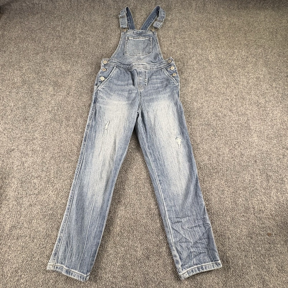 Cat & Jack Bib Overalls Girls M 8 Blue Denim Distressed Straight Leg Grunge Farm